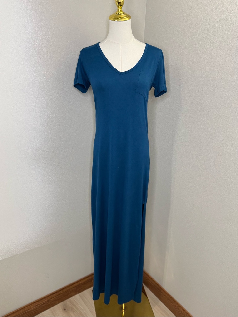 Velvet Torch Teal V Neck T Shirt Maxi Dress Pocket Side Slit Women’s M NWT